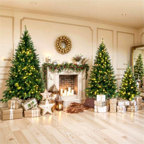 8FT, 6FT, 4FT Pre-Lit Green Pine Artificial Christmas Tree, Set Of 3 Hinged Xmas Trees With 820 Warm-Yellow LED Lights And 2539 Branch Tips, Holiday Decoration For Home,Office And Party